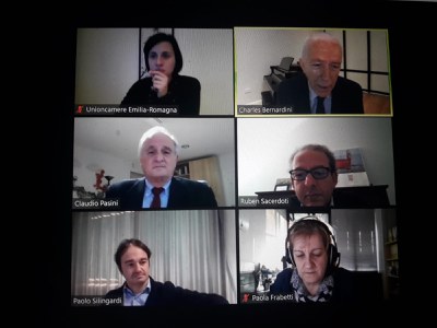 Relatori su Zoom webinar: Valentina Patano, Unioncamere ER - C. Bernardini, avv. Studio legale Nixon & P. Chicago-Claudio Pasini, segr. gen. Unioncamere ER-Ruber Sacerdoti, Regione ER-Paolo Silingardi, -Paola Frabetti, resp. Internaz.Unioncamere ER