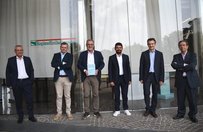 Relatori all'evento, da sinistra: Stefano Bellei, Stefano Boccaletti, Valtiero Mazzotti, Alessio Mammi, Paolo Sckokai, Roberto Fanfani